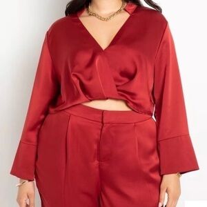 NWT‎ ELOQUII CROPPED SATIN BLOUSE Surplice Faux Wrap Red Holiday Plus Size 22